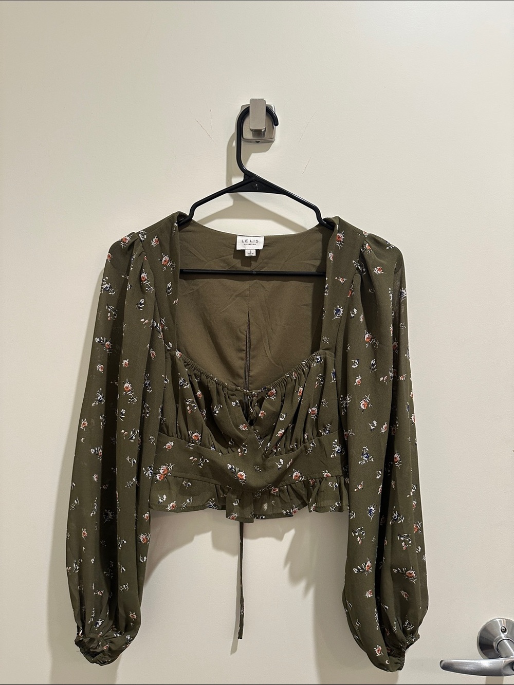 Olive Floral Square-Neck Peplum Blouse with Pink & Blue Accents